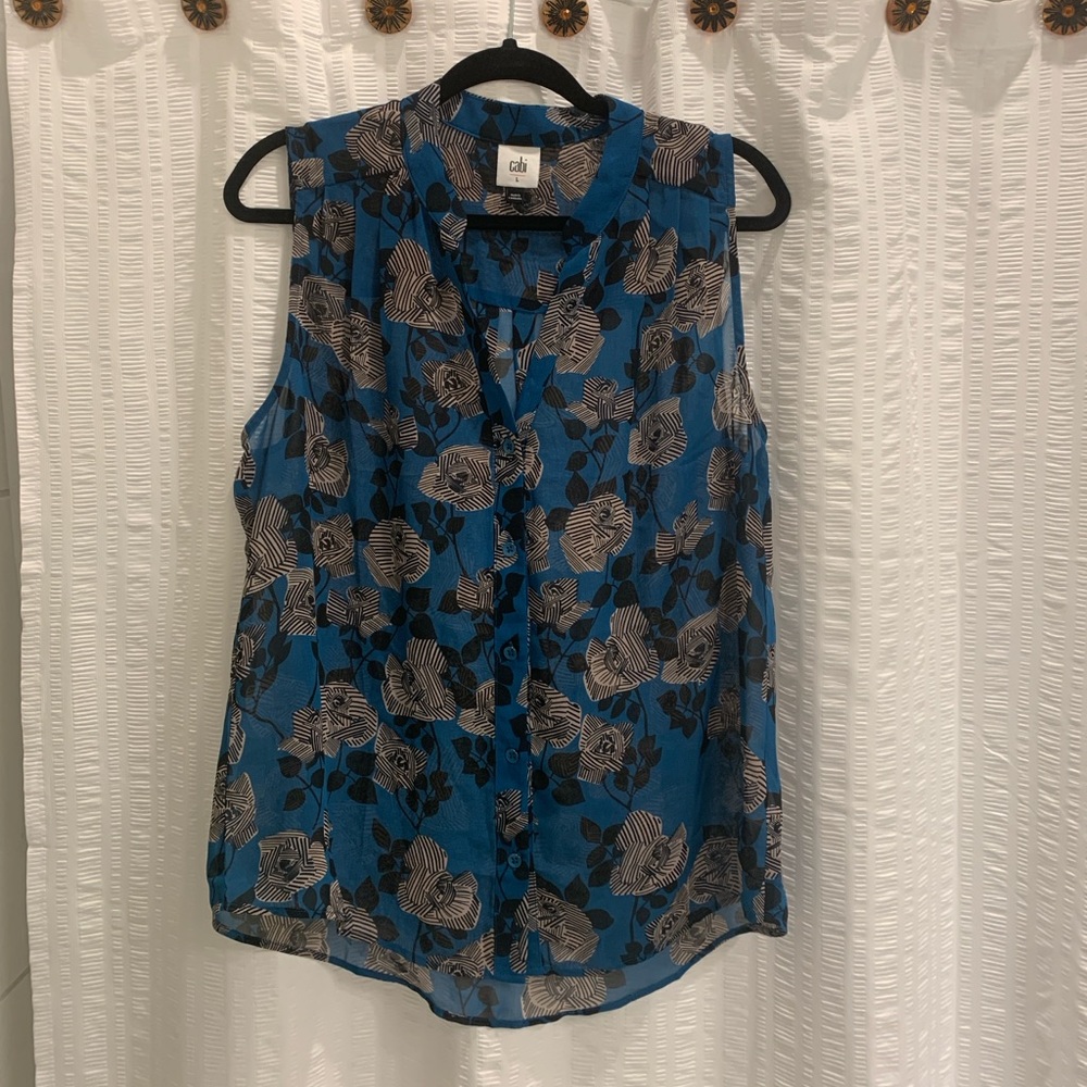 CAbi Blue and Black Floral Blouse